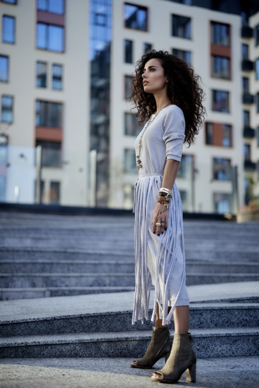 GREY FRINGE MIDI DRESS