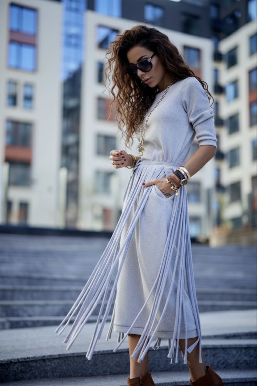 GREY FRINGE MIDI DRESS