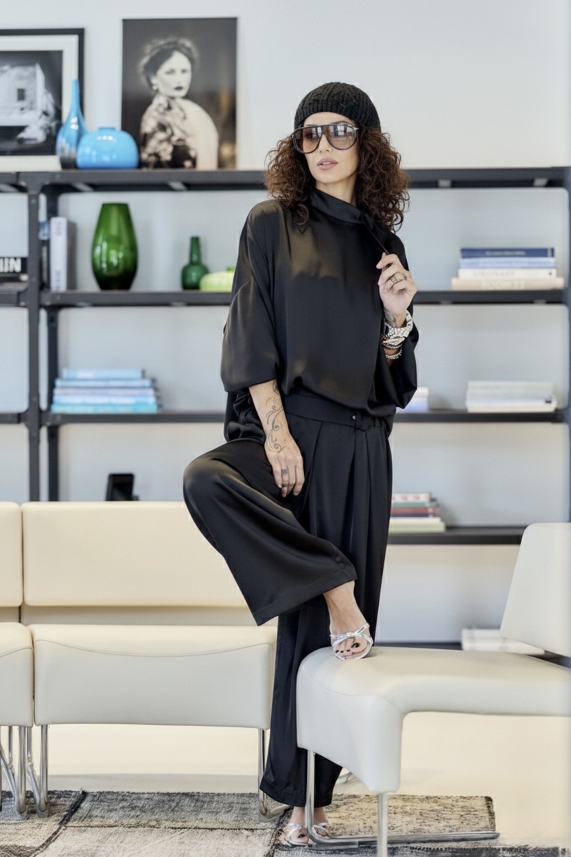 BLACK SATIN SET WITH SHOULDER BOW DETAIL