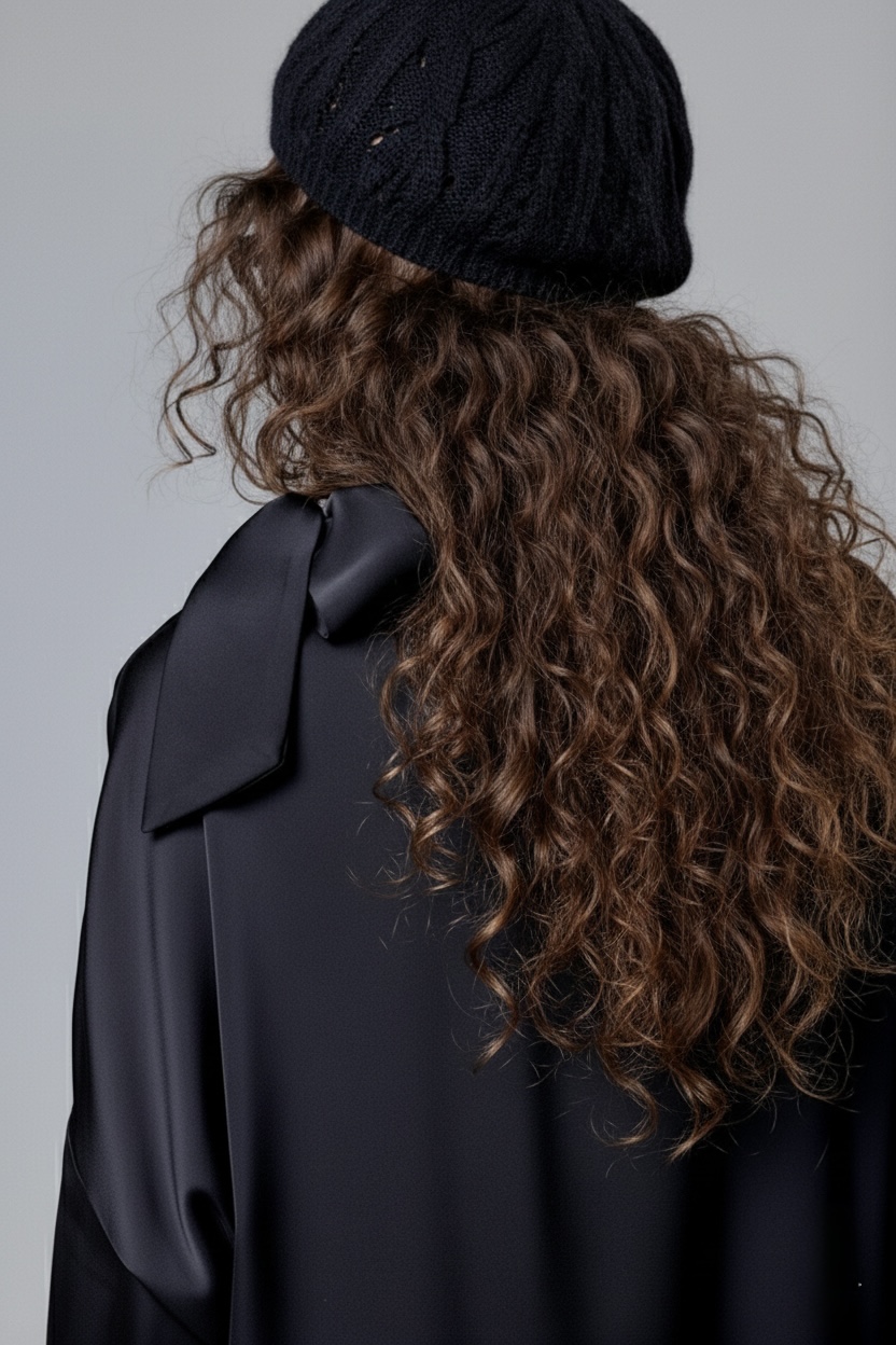 BLACK SATIN SET WITH SHOULDER BOW DETAIL