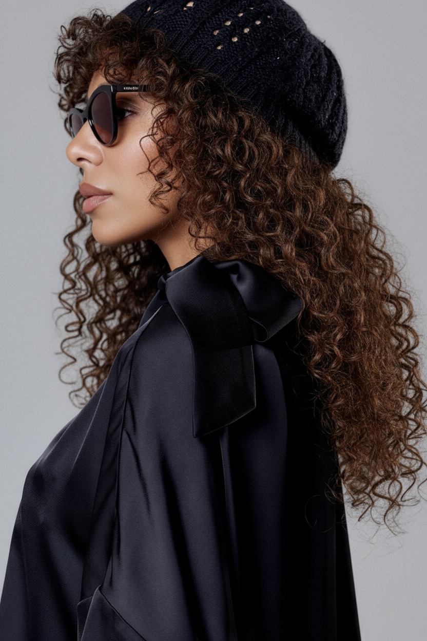 BLACK SATIN SET WITH SHOULDER BOW DETAIL