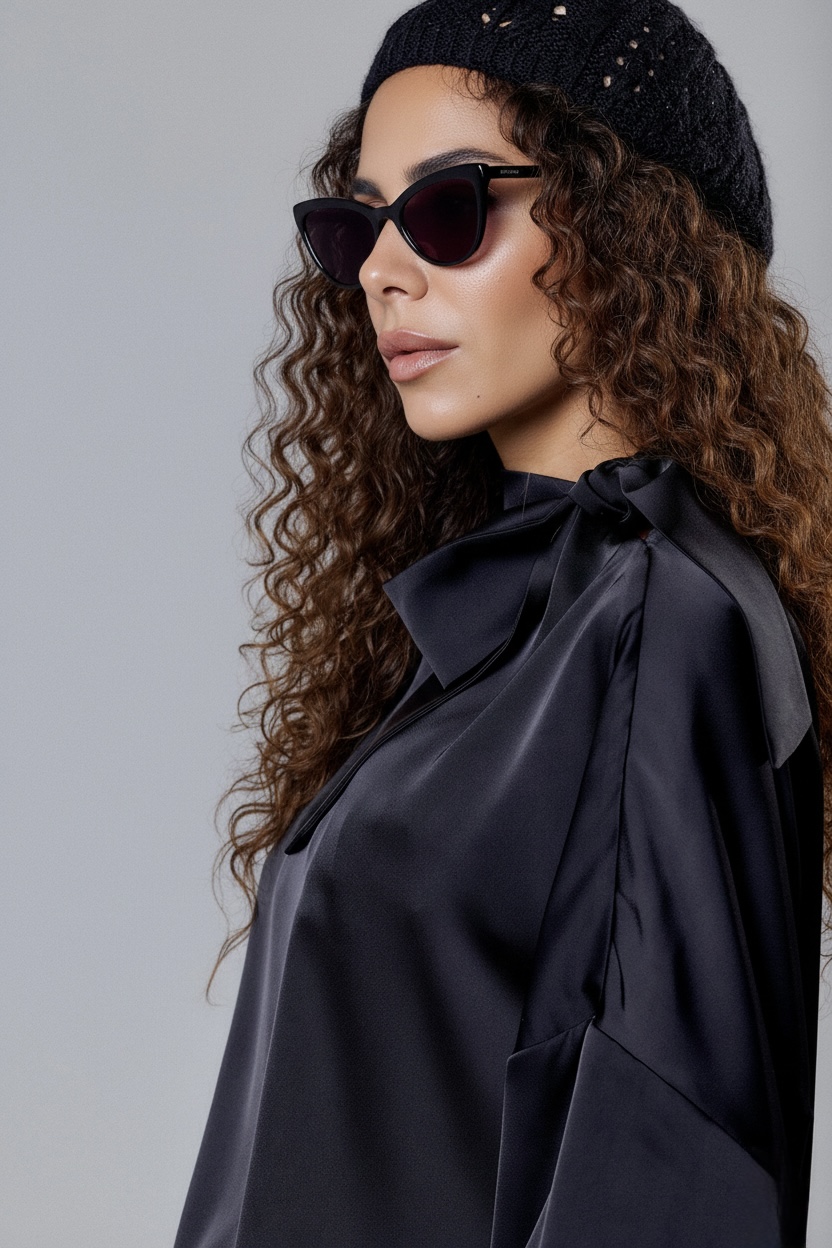 BLACK SATIN SET WITH SHOULDER BOW DETAIL