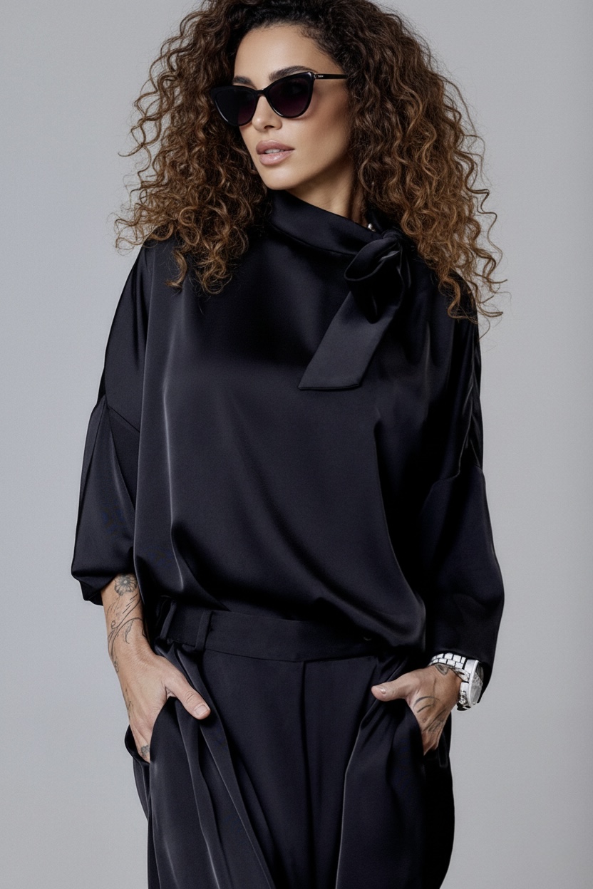 BLACK SATIN SET WITH SHOULDER BOW DETAIL