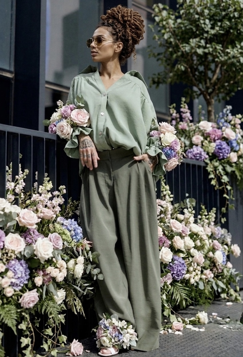 GREEN WIDE-LEG PANTS