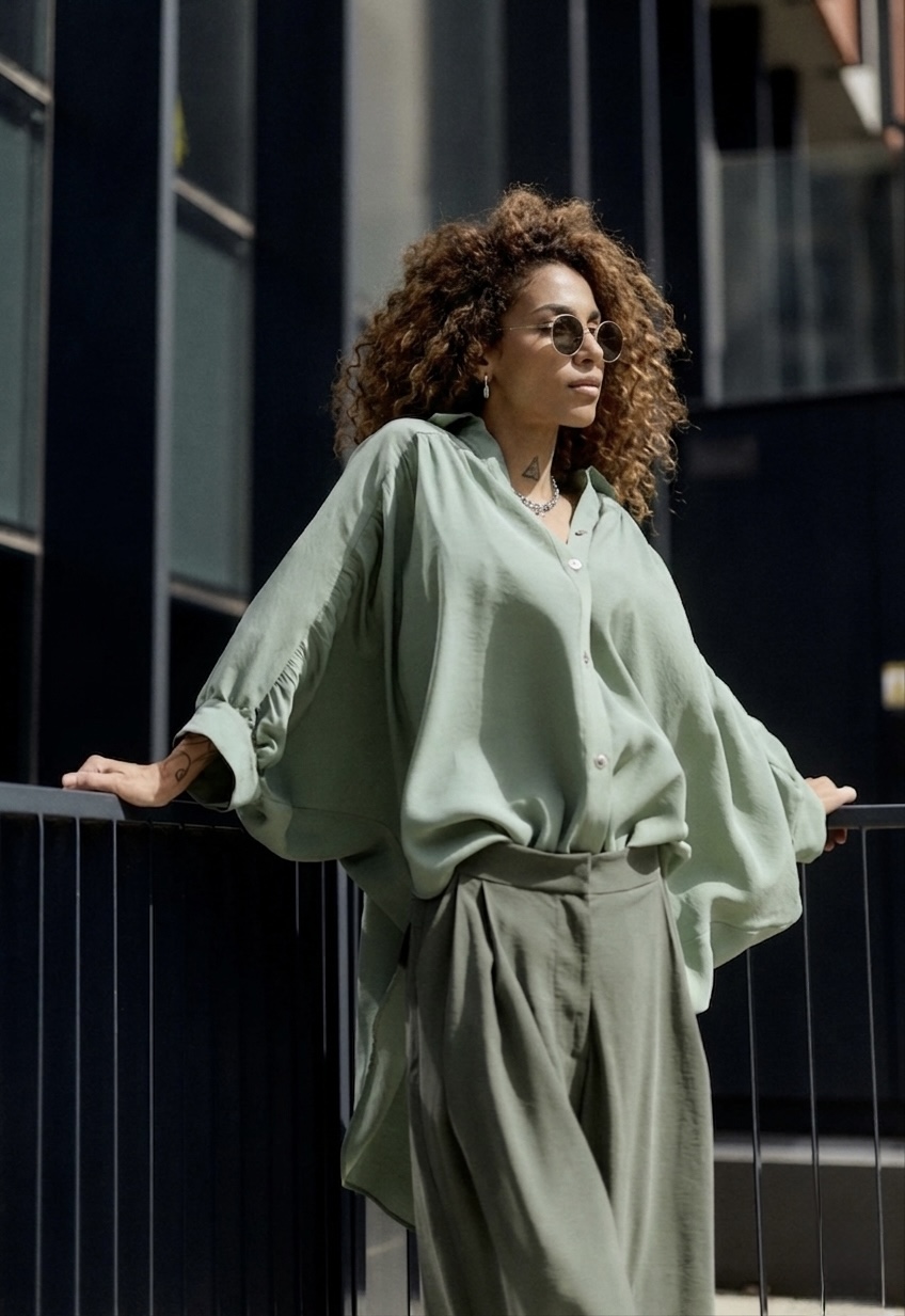 GREEN WIDE-LEG PANTS